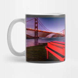 A Red Piano Looking Out At The Golden Gate Bridge At Dusk. Mug